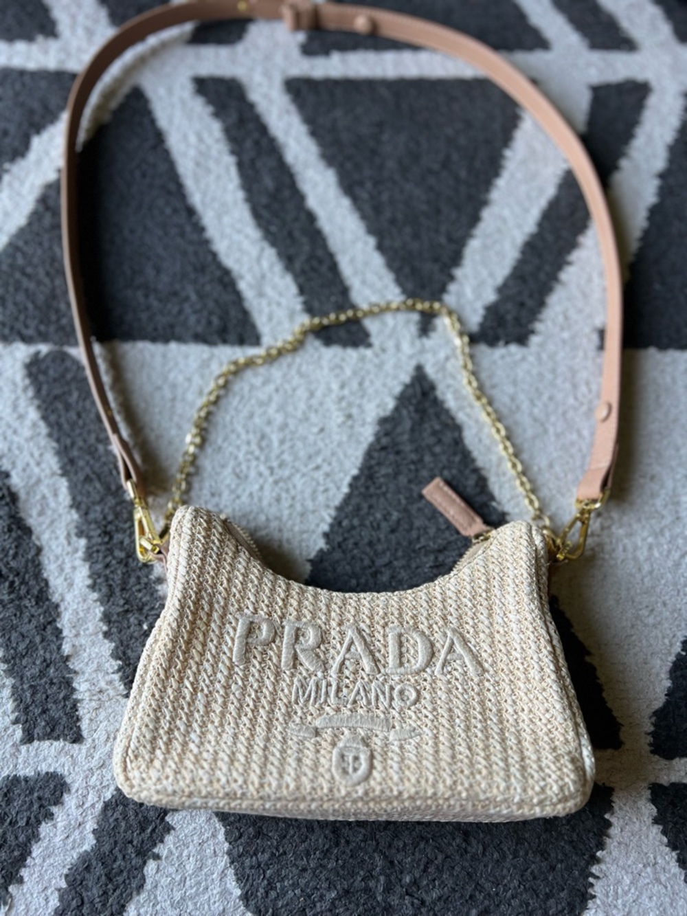 Prada Natural Beige Woven Crossbody Bag with Chain and Leather Strap